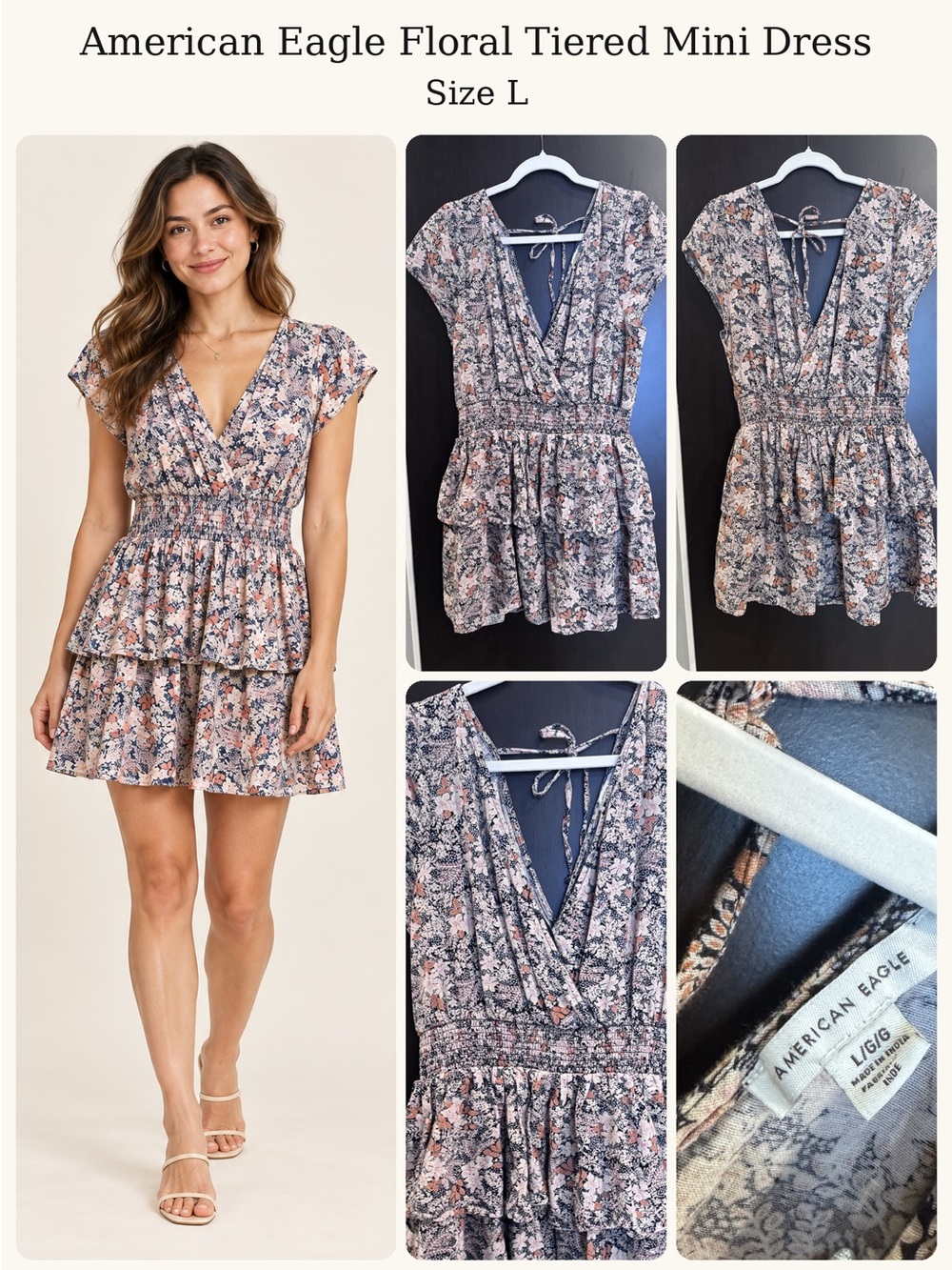 American Eagle Outfitters Floral Tiered Mini Dress - Navy and Pink